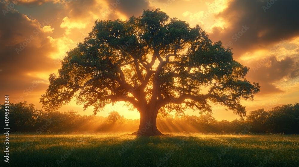 Fototapeta premium Majestic oak tree silhouetted against a vibrant sunset with sunbeams illuminating the field and surrounding trees.