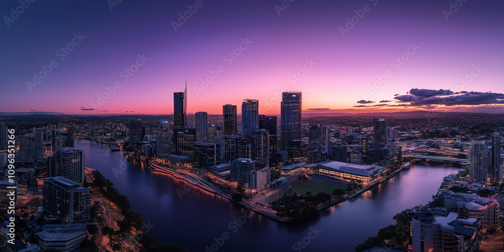 Obraz premium Modern City Skyline with Office Buildings and Drone View at Sunset