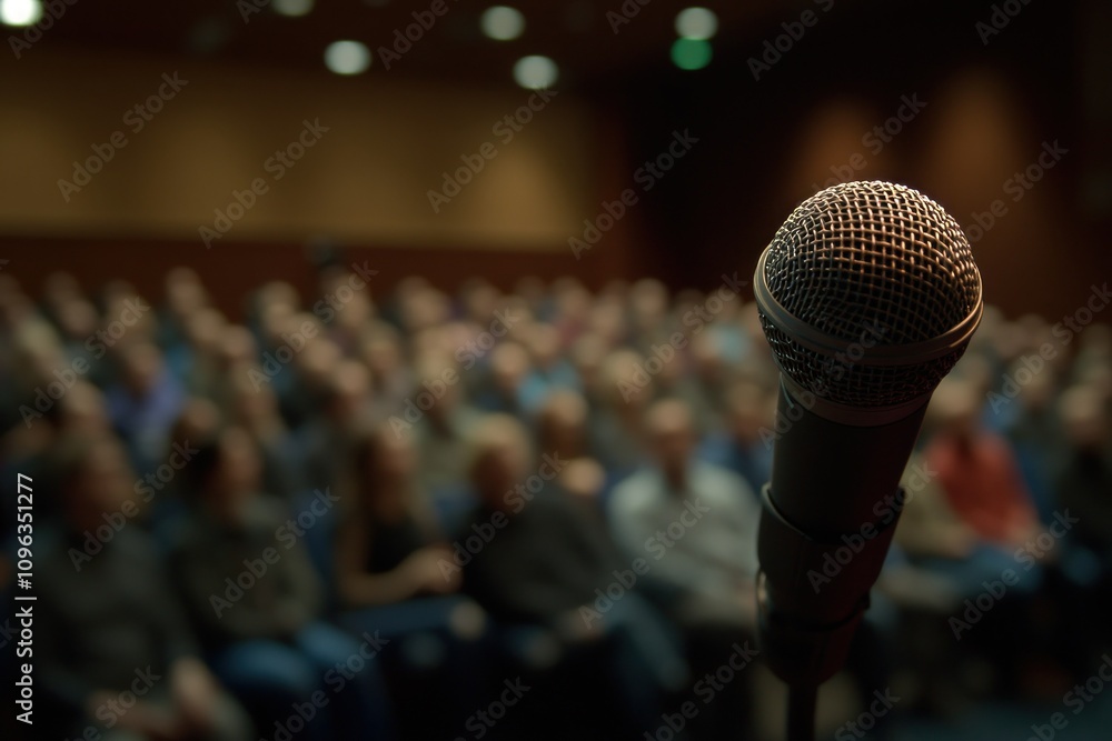 Close-up Microphone in Focus with Blurred Audience Background Close-up Microphone in Focus with Blurred Audience Background