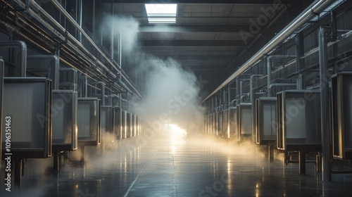 A factory interior with rows of industrial kilns designed for gypsum board drying, steam rising, and metallic machines working in harmony to process building materials. photo