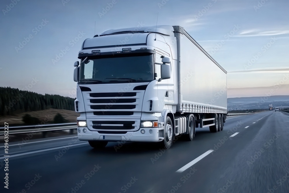 Lone White Truck on Open Highway at Dusk Lone White Truck on Open Highway at Dusk