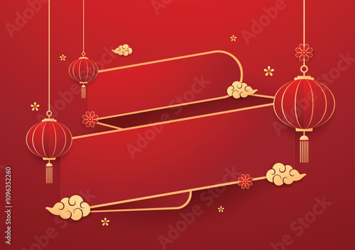 Happy Chinese new year 2025. Chinese new year banner with circle for show product. Greeting card. China frame with lantern on red background.