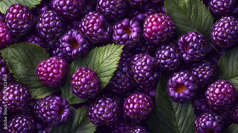 Fresh boysenberries and green leaves create vibrant, colorful pattern. rich purple hues of berries contrast beautifully with lush green foliage, evoking sense of nature bounty Fresh boysenberries and green leaves create vibrant, colorful pattern. rich purple hues of berries contrast beautifully with lush green foliage, evoking sense of nature bounty