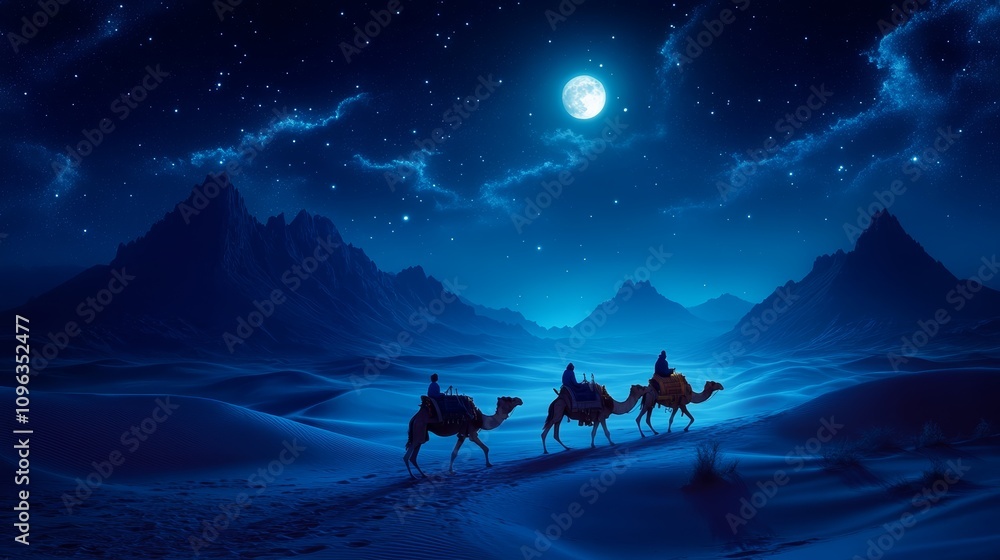 Fototapeta premium Three people riding camels across a desert at night under a full moon and starry sky.