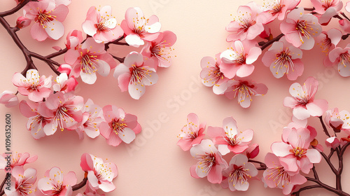 Cherry blossom pattern with delicate pink flowers on soft background, creating serene and beautiful atmosphere. Perfect for spring themed designs and decorations