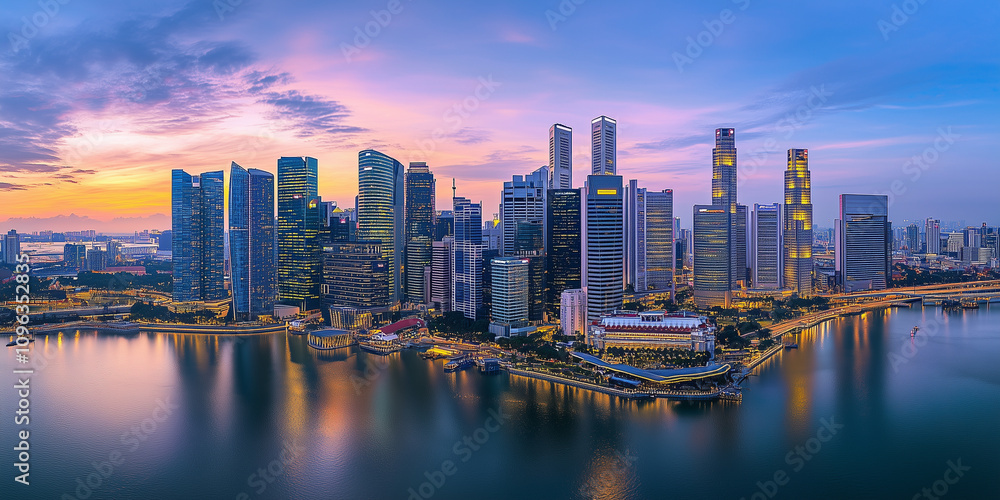 Obraz premium Modern City Skyline with Office Buildings and Drone View at Sunset