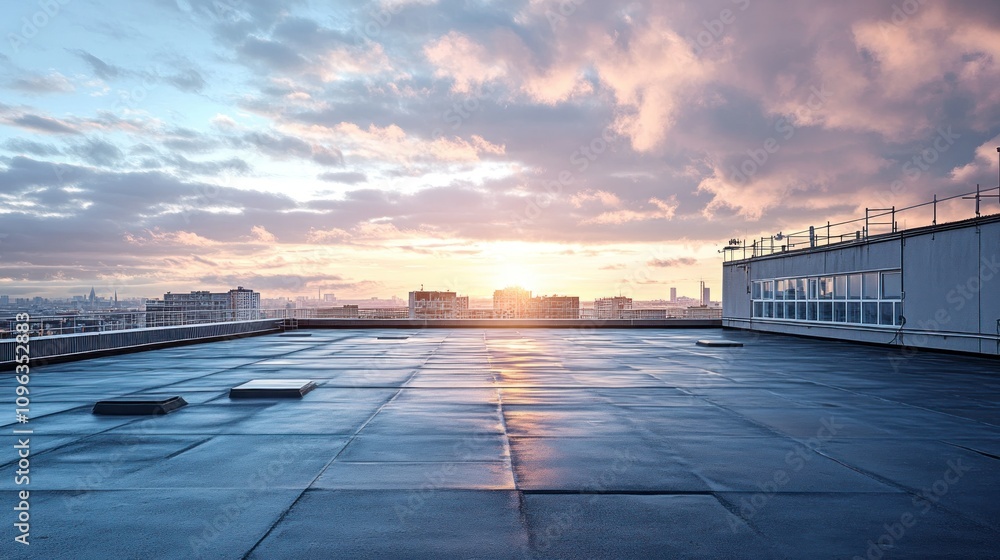 Fototapeta premium Urban Rooftop with Expansive City View at Sunset