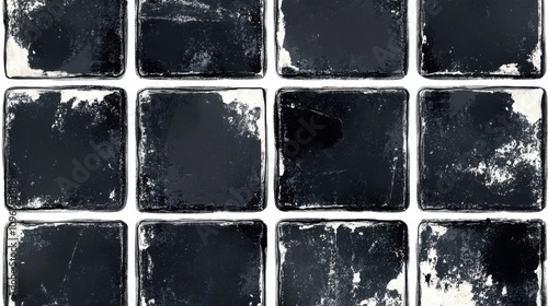 Textured black and white tiles showcasing an aged and weathered look.