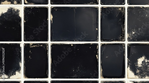 A close-up of worn black and white tile, showcasing textures and scratches, perfect for interior design inspiration.