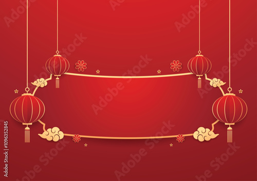 Happy Chinese new year 2025. Chinese new year banner with circle for show product. Greeting card. China frame with lantern on red background.