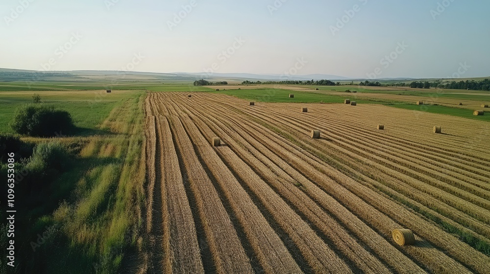 A rural landscape with straw bales strategically placed along the field to prevent soil erosion, creating a sustainable solution for agricultural land. A rural landscape with straw bales strategically placed along the field to prevent soil erosion, creating a sustainable solution for agricultural land.