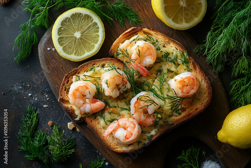 Gourmet shrimp toast with fresh dill and lemon on rustic wooden board photo