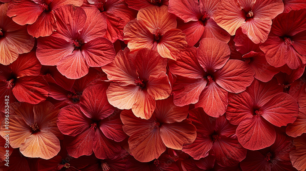 Vibrant hibiscus petals create stunning pattern in shades of red, showcasing their intricate textures and natural beauty. This floral arrangement evokes sense of warmth and tropical elegance Vibrant hibiscus petals create stunning pattern in shades of red, showcasing their intricate textures and natural beauty. This floral arrangement evokes sense of warmth and tropical elegance