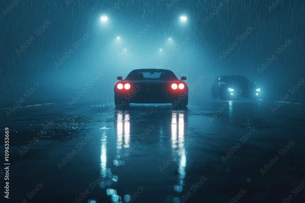 Tranquil Scene of Cars Driving on Wet Road