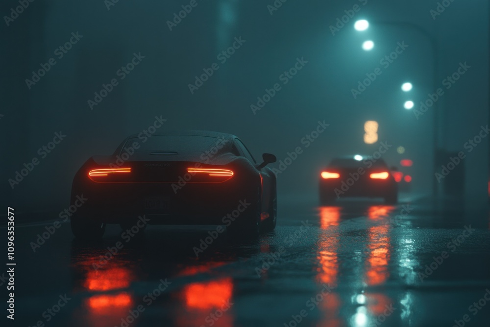 Tranquil Scene of Cars on Wet Road at Dawn Tranquil Scene of Cars on Wet Road at Dawn