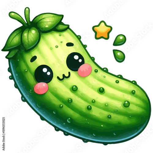 Smiling Cartoon Cucumber with Sparkling Eyes and Leafy Top – Playful Anthropomorphic Vegetable Illustration