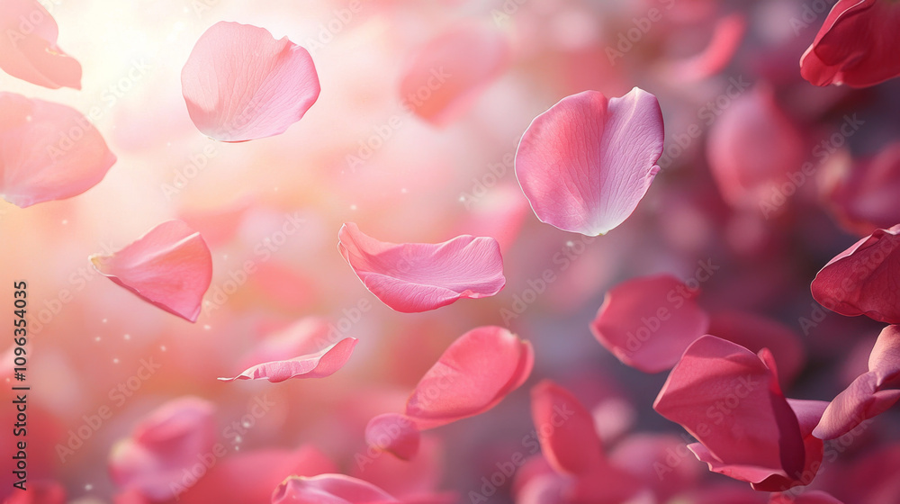 Falling pink rose petals create romantic atmosphere in garden scene, evoking feelings of love and tranquility. soft petals dance in air, enhancing serene beauty of nature Falling pink rose petals create romantic atmosphere in garden scene, evoking feelings of love and tranquility. soft petals dance in air, enhancing serene beauty of nature