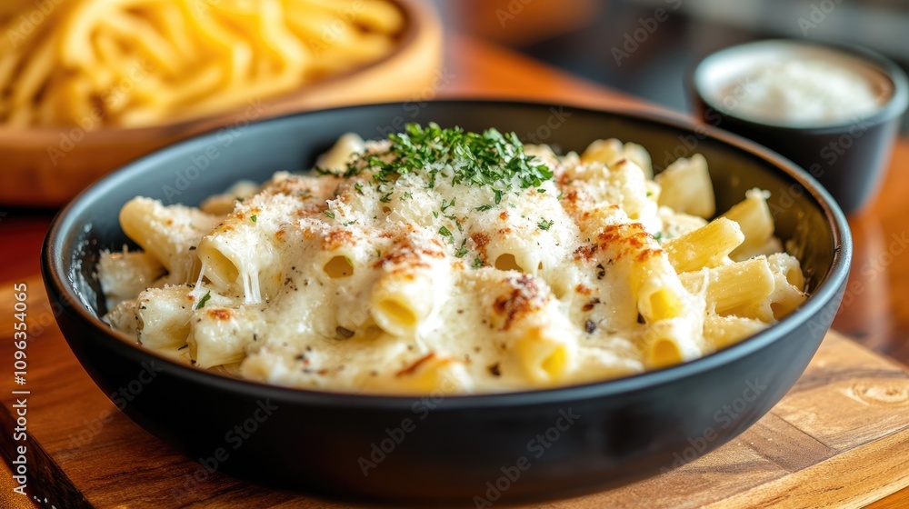 Creamy pasta dish featuring tender noodles enveloped in rich parmesan sauce, garnished with fresh herbs and a sprinkle of cheese, served in a sleek black bowl. Creamy pasta dish featuring tender noodles enveloped in rich parmesan sauce, garnished with fresh herbs and a sprinkle of cheese, served in a sleek black bowl.