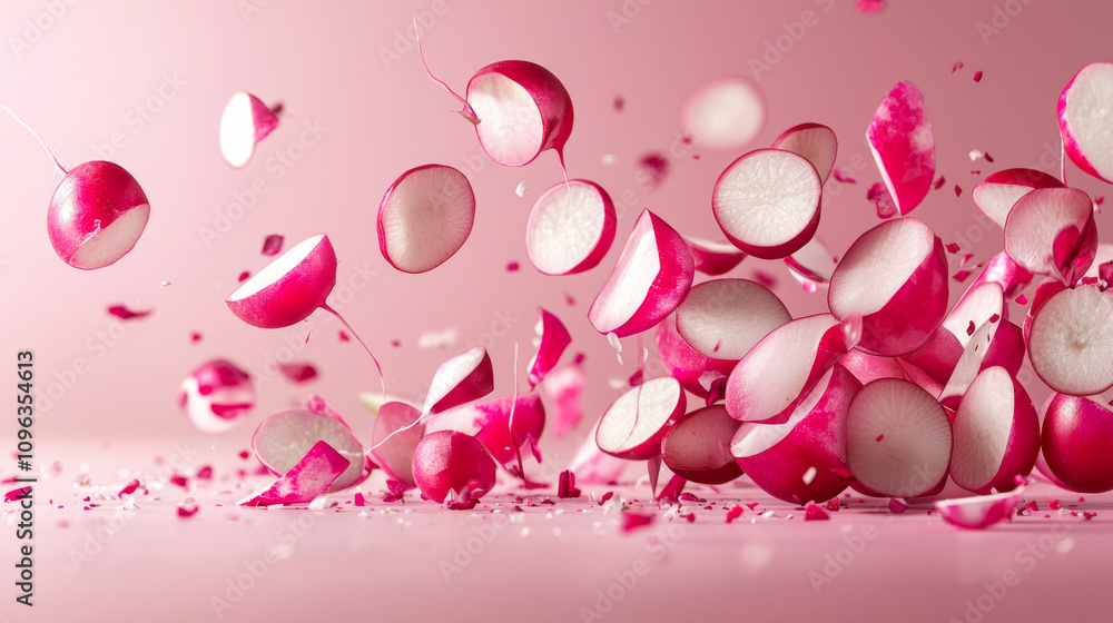 Fototapeta premium Sliced radishes falling in air create vibrant display against soft pink background, showcasing their crisp texture and bright color