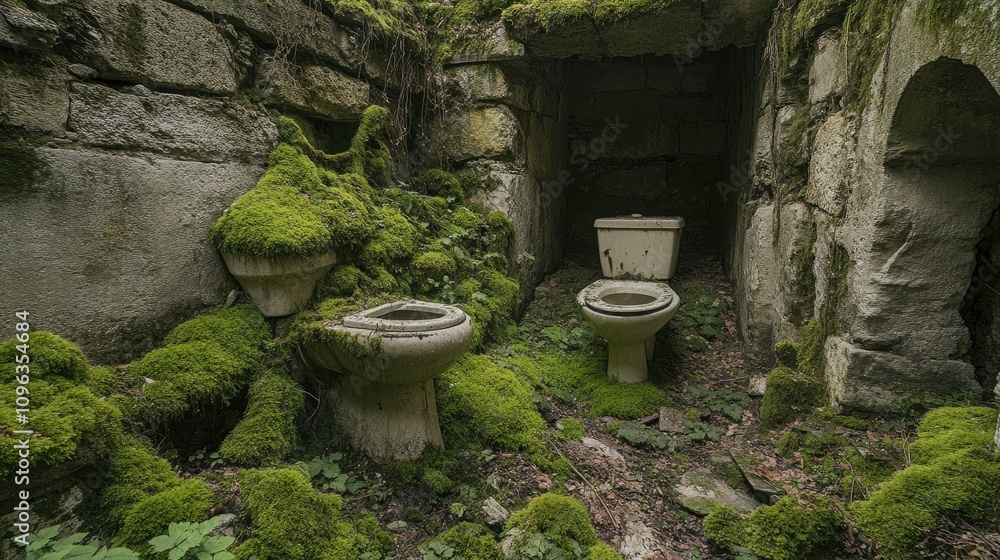 An abandoned toilet nestled within the overgrown moss-covered ruins of an ancient stone structure, evoking a thought-provoking contrast between decay and utility. An abandoned toilet nestled within the overgrown moss-covered ruins of an ancient stone structure, evoking a thought-provoking contrast between decay and utility.