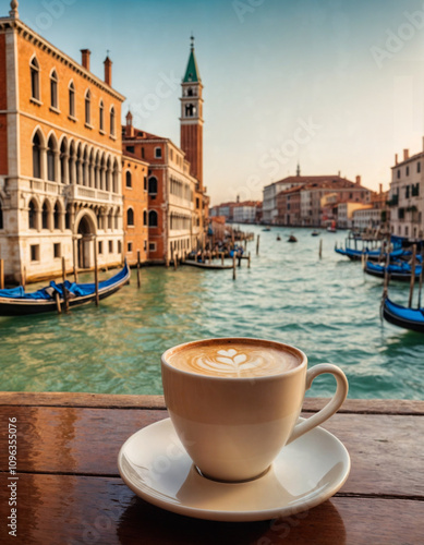 Fototapeta Naklejka Na Ścianę i Meble -  A cup of coffee in Venice, Italy. Hot latte view to Venice. Travel to Italy