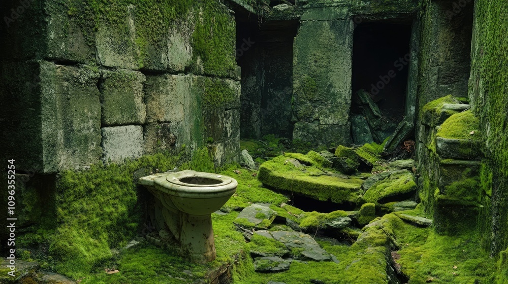 An unusual scene showing an abandoned toilet in an ancient, moss-covered ruin, combining natural decay with human-made structure in a striking architectural contrast. An unusual scene showing an abandoned toilet in an ancient, moss-covered ruin, combining natural decay with human-made structure in a striking architectural contrast.