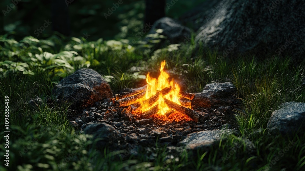 Campfire remnants surrounded by lush green grass, featuring glowing embers and charred logs, set amidst a tranquil natural outdoor environment with rocks and foliage. Campfire remnants surrounded by lush green grass, featuring glowing embers and charred logs, set amidst a tranquil natural outdoor environment with rocks and foliage.