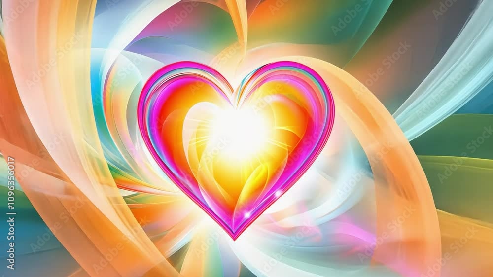 Glowing heart emanating light surrounded by colorful swirls Glowing heart emanating light surrounded by colorful swirls