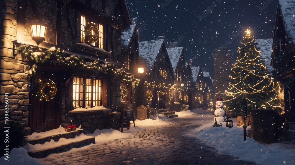 Street lamps and snowy pathways in a Christmas village Street lamps and snowy pathways in a Christmas village