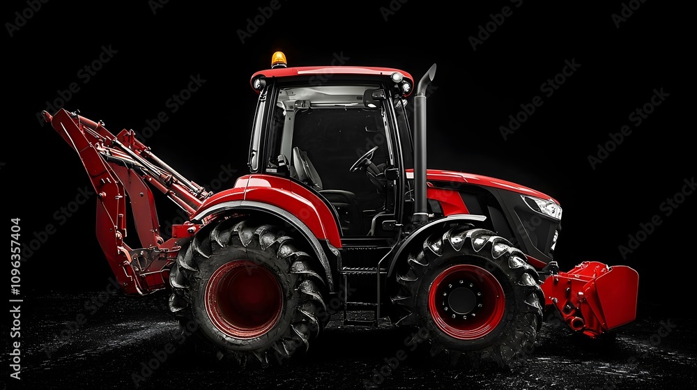 Compact tractor with front loader attachment on a black background Compact tractor with front loader attachment on a black background