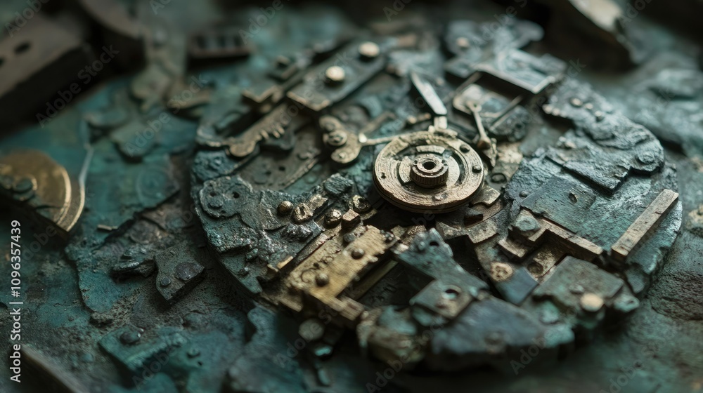 Close-up of the mysterious Antikythera mechanism among other ancient Greek artifacts, emphasizing its historical significance. Close-up of the mysterious Antikythera mechanism among other ancient Greek artifacts, emphasizing its historical significance.