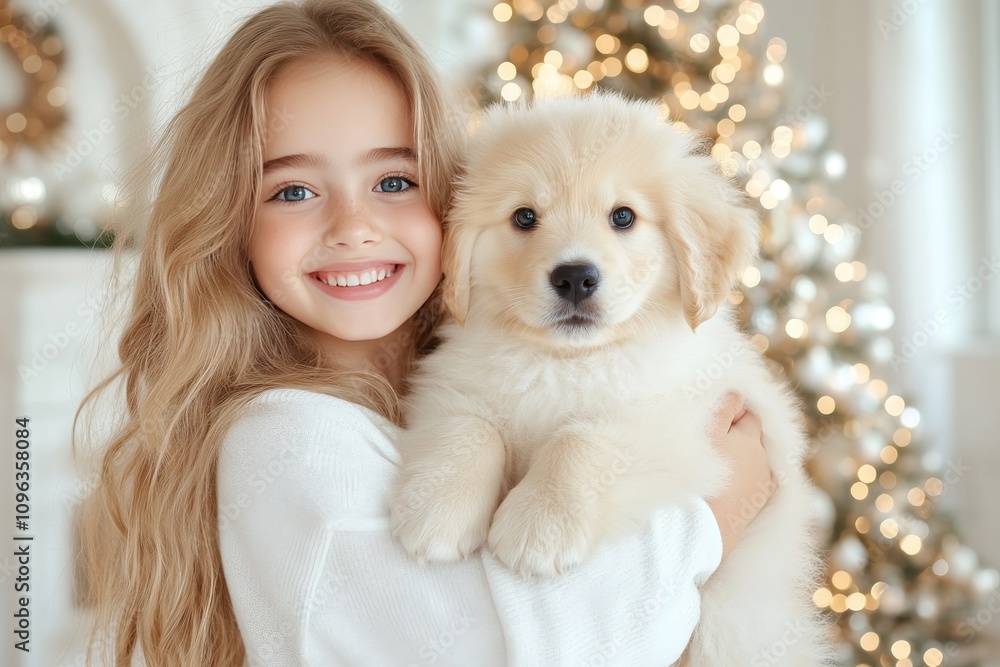 A happy girl holding a cute puppy. Generative AI A happy girl holding a cute puppy. Generative AI
