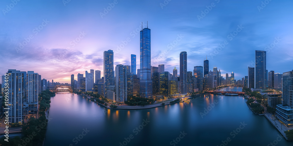 Fototapeta premium Modern City Skyline with Office Buildings and Drone View at Sunset