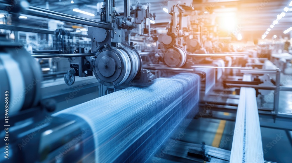 Detailed shot of a textile loom with machinery in motion, weaving complex patterns with high precision and advanced engineering. Detailed shot of a textile loom with machinery in motion, weaving complex patterns with high precision and advanced engineering.