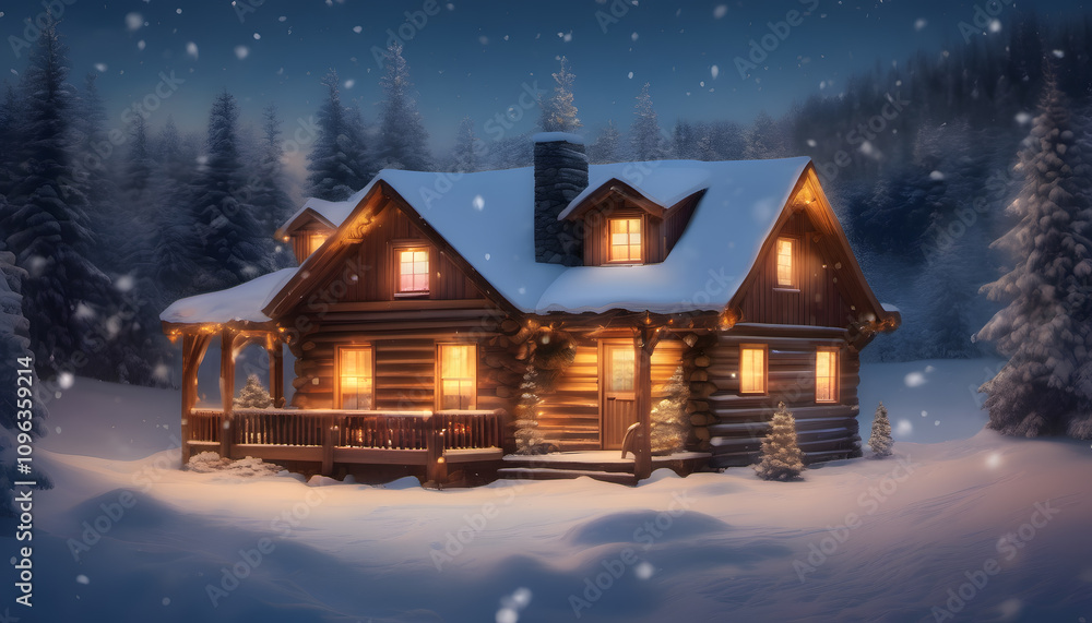 Snowy Forest Cabin with Festive Lights Snowy Forest Cabin with Festive Lights