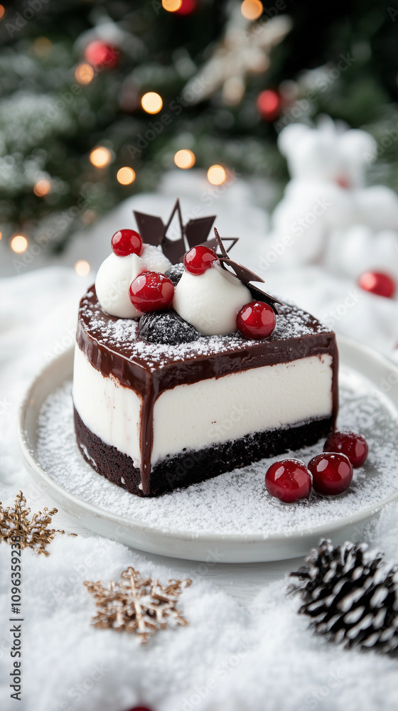 Chocolate cherry holiday cake slice snow background festive dessert white plate winter christmas bakery pastry chef catering product shoot cooking class copyspace banner gourmet treat Chocolate cherry holiday cake slice snow background festive dessert white plate winter christmas bakery pastry chef catering product shoot cooking class copyspace banner gourmet treat