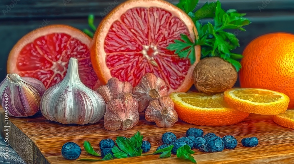 Fresh Citrus and Garlic on Wooden Cutting Board Fresh Citrus and Garlic on Wooden Cutting Board