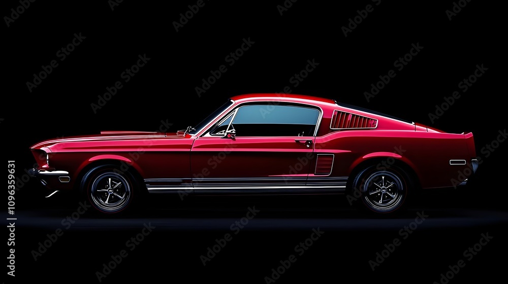 Sleek red classic muscle car with chrome detailing, 1967 vintage model Sleek red classic muscle car with chrome detailing, 1967 vintage model