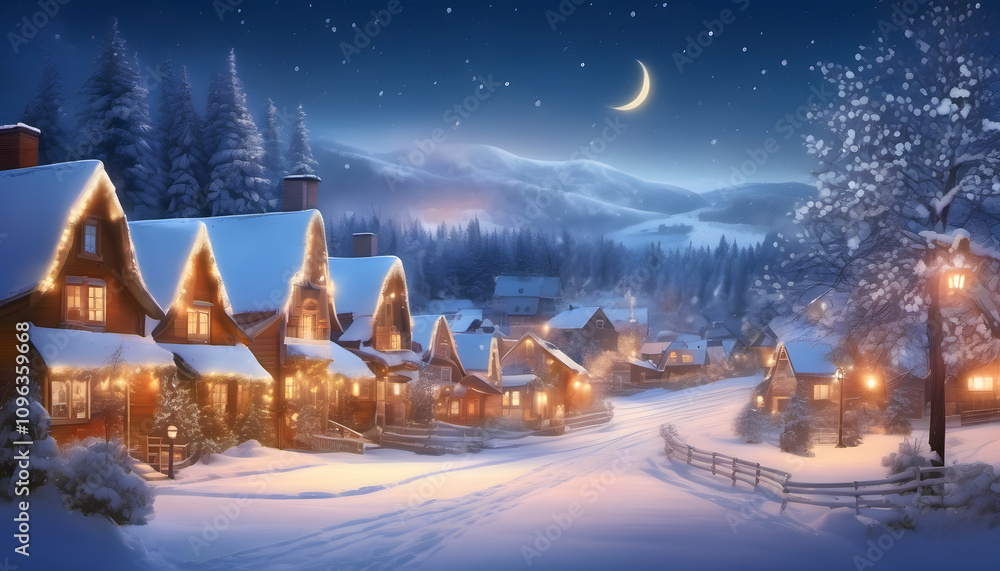 Fototapeta premium Peaceful Winter Village with Holiday Lights