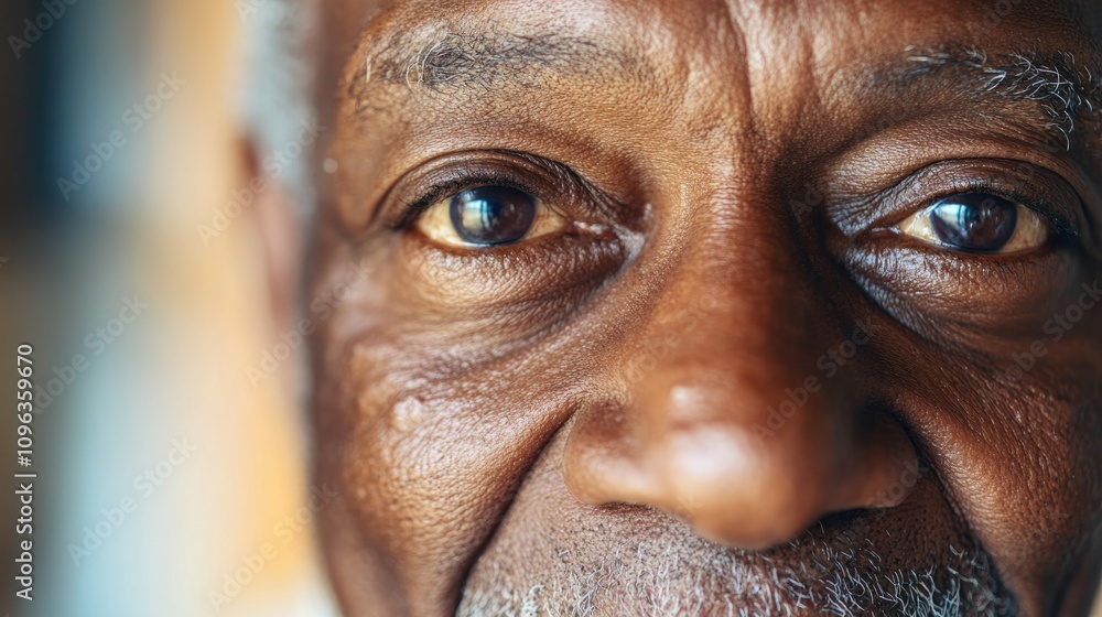 Close-up of a mature African American man's expressive face, featuring deep-set dark irises and pronounced wrinkles that convey wisdom and vitality. Close-up of a mature African American man's expressive face, featuring deep-set dark irises and pronounced wrinkles that convey wisdom and vitality.