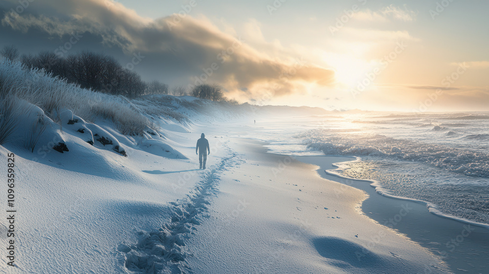Photorealistic Winter Landscape with Snow-Covered Beach at Sunset Featuring a Lone Figure Walking Along the Shore in Dramatic Lighting, Ideal for Nature and Travel Themes Photorealistic Winter Landscape with Snow-Covered Beach at Sunset Featuring a Lone Figure Walking Along the Shore in Dramatic Lighting, Ideal for Nature and Travel Themes