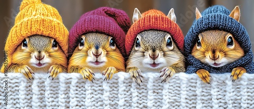 Happy squirrel wearing a red Christmas hat singing cheerfully with friends on a white background 