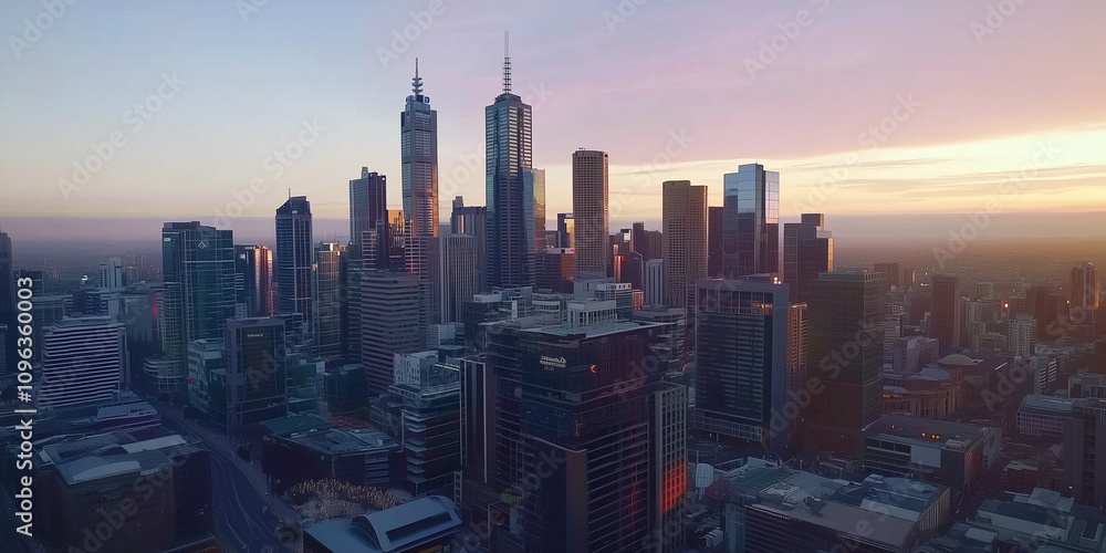 Fototapeta premium Modern City Skyline with Office Buildings and Drone View at Sunset