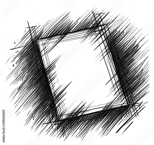 Square frame intense cross-hatching. high contrast dynamic lines sketchy texture. minimalist angular sharp edges abstract empty frame. harsh shading negative space bold. 
 photo