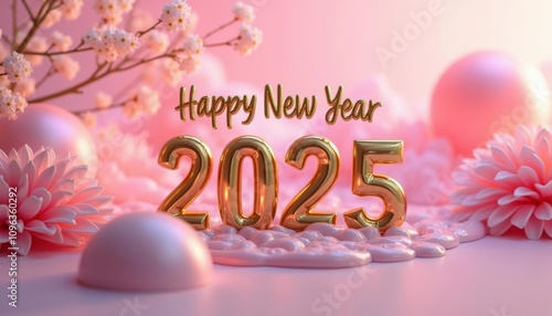 golden number 2025 on a colorful pink background with sparkling lights, representing the New Year 2025