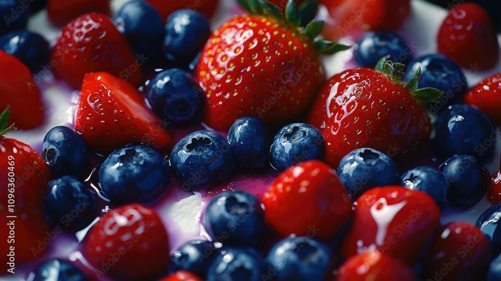 Close-up view of a colorful fruit cake adorned with glistening blueberries and ripe strawberries, showcasing their freshness and vibrant hues. Close-up view of a colorful fruit cake adorned with glistening blueberries and ripe strawberries, showcasing their freshness and vibrant hues.