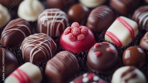 Assortment of assorted chocolate-covered candies with vibrant colors, featuring round and square shapes, drizzled designs, and fruity toppings.