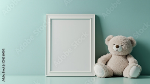  White frame with teddy bear on pastel green background