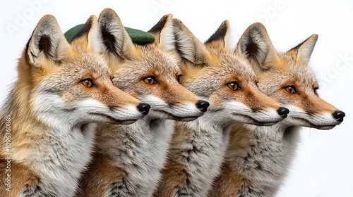 Playful fox in a green Santa hat singing carols with a group of foxes on a white backdrop  photo