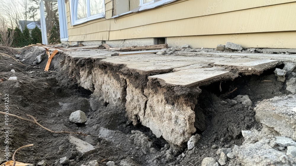 Image showing a foundation with visible cracks and erosion, emphasizing the deterioration of the building support structure. Image showing a foundation with visible cracks and erosion, emphasizing the deterioration of the building support structure.
